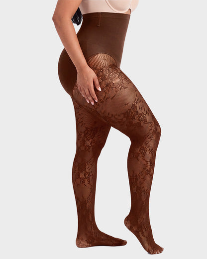 High-Waisted Floral Lace Shaping Tights